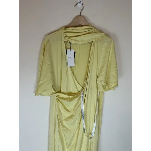 Club L London 12 L Satin Dress Yellow Lemon Lisette Maxi Flutter Sleeve Wrap - Picture 5 of 8